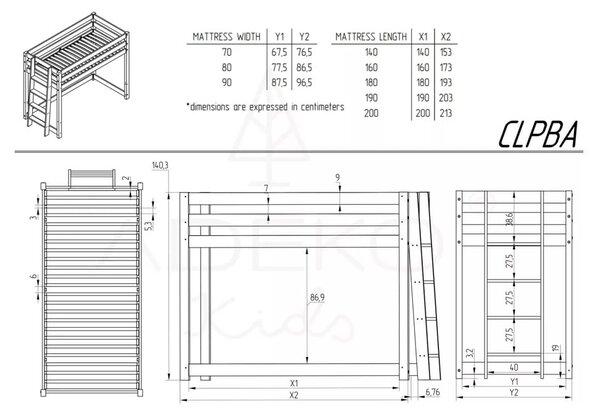 Povišeni dječji krevet od borovine 90x200 cm CLPBA - Adeko