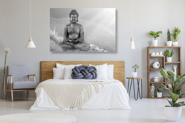 Slika kip Buddhe u meditacijskom položaju u crno-bijelom dizajnu