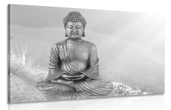 Slika kip Buddhe u meditacijskom položaju u crno-bijelom dizajnu