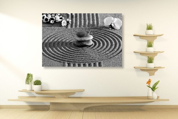 Slika japanski vrt s Feng Shui elementima u crno-bijelom dizajnu