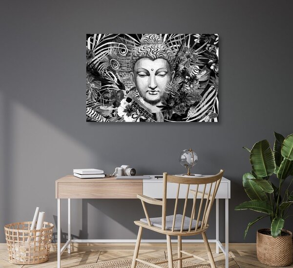 Slika Buddha na egzotičnoj pozadini u crno-bijelom dizajnu