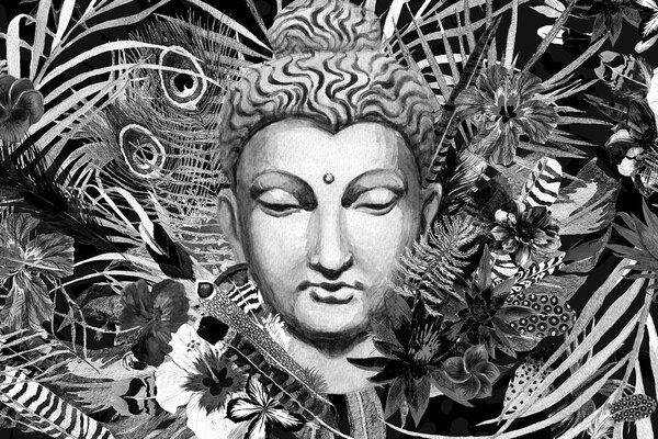 Slika Buddha na egzotičnoj pozadini u crno-bijelom dizajnu