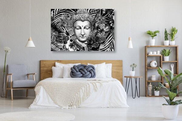 Slika Buddha na egzotičnoj pozadini u crno-bijelom dizajnu