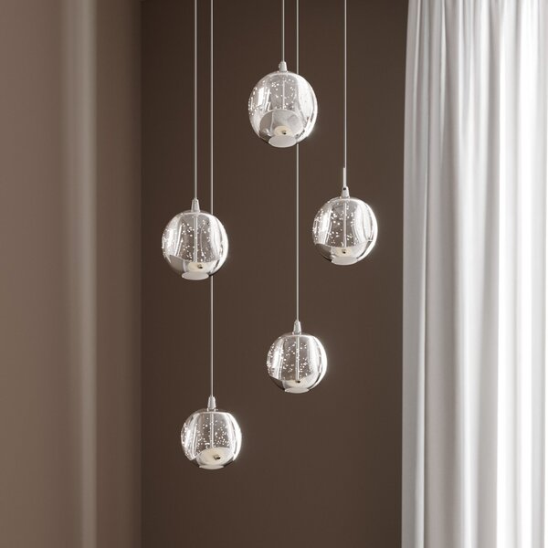 Lucande LED visilica Hayley, Ø 30 cm, 5 žarulja, krom, staklo, Providna, Dnevni boravak/blagovaonica, Staklo