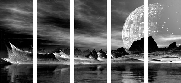 5-dijelna slika futuristički planet u crno-bijelom dizajnu