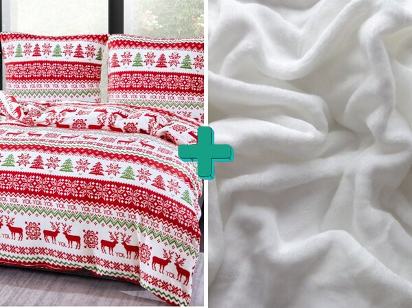 2x posteljina od mikropliša CHRISTMAS JOY bijela + plahta od mikropliša SOFT 180x200 cm bijela