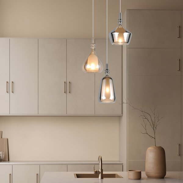 Trio Lighting Viseća lampa Aldea, Ø 28 cm, bijela/jantarna/kromirana, staklo, 3 žarulje., prigušiva, Bež, Dnevni boravak/blagovaonica, Staklo