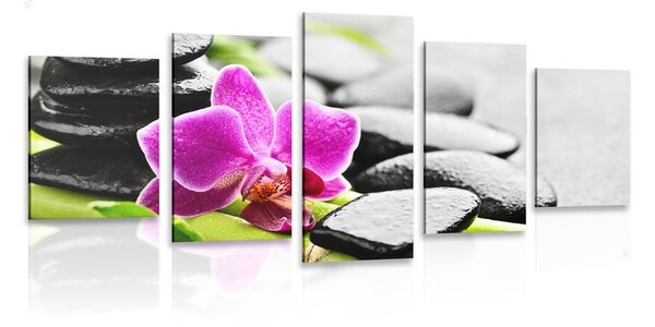 5-dijelna slika wellness mrtva priroda s ljubičastom orhidejom