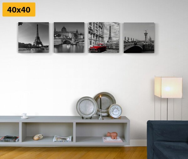 Set slika Pariz s retro crvenim autom