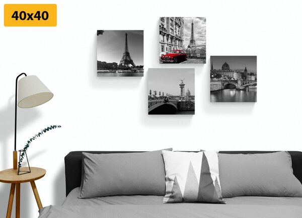Set slika Pariz s retro crvenim autom