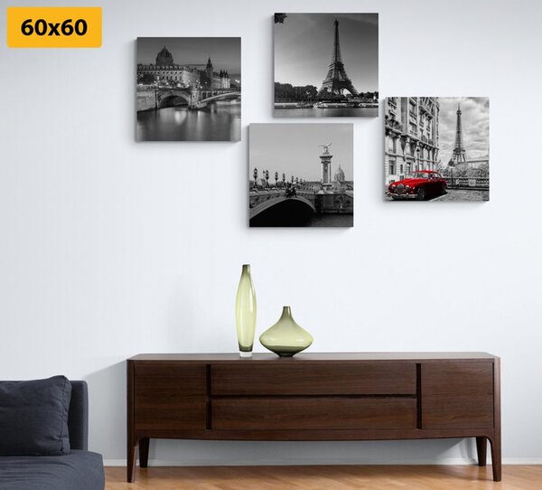 Set slika Pariz s retro crvenim autom