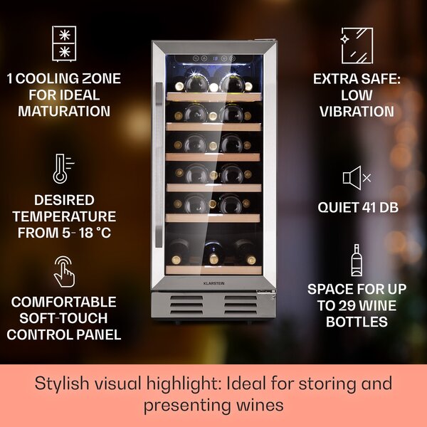 Klarstein Vinovilla 29 Ugradbeni, ugradbeni hladnjak za vino, 81 l / 31 boca, 1 zona, staklena vrata, inox