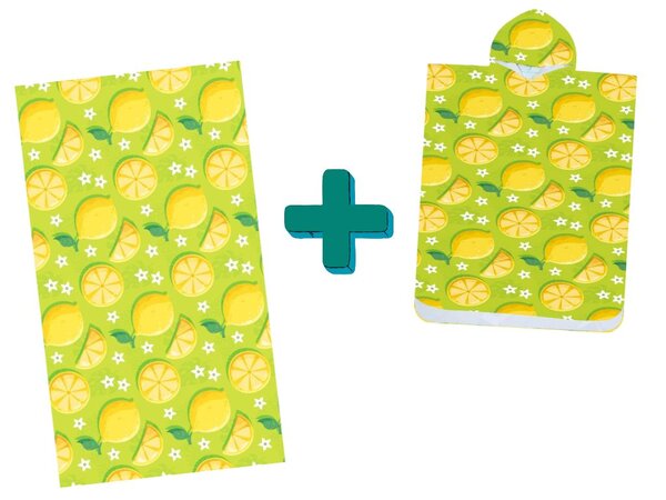 Plažni set LEMONS – ručnik 100×180 cm i pončo 80×145 cm, zeleni