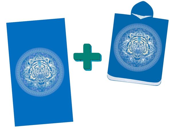 Plažni set TIGER – ručnik 100×180 cm i pončo 80×145 cm, plava
