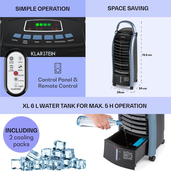Klarstein Maxfresh, rashlađivač zraka, ventilator, 3 v 1, 6 l, 65W, daljinski upravljač, 2 x spremnika za led