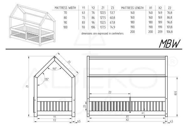 Dječji krevet od masivnog bora u obliku kućice 140x200 cm u prirodnoj boji Mila MBW – Adeko
