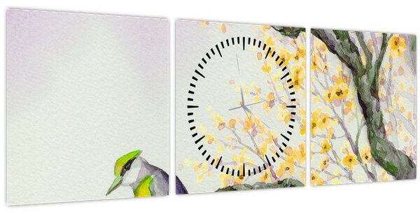 Slika - Akvarel ptica na drvetu (sa satom) (90x30 cm)
