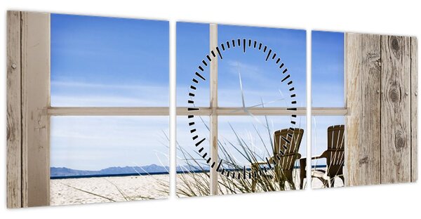 Slika - Prozor s pogledom na plažu (sa satom) (90x30 cm)