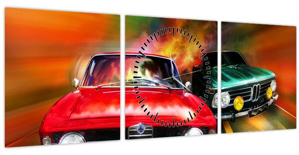 Slika - Retro trkaći automobili (sa satom) (90x30 cm)
