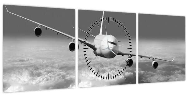 Slika - Avion u oblacima, crno-bijeli (sa satom) (90x30 cm)