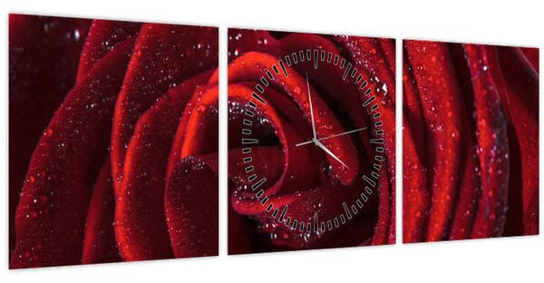 Slika - Crvena ruža s kapljicama rose (sa satom) (90x30 cm)