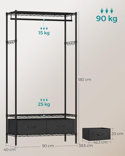 Otvoreni ormar sa rešetkastim policama, 40 x 90 x 180 cm, crni