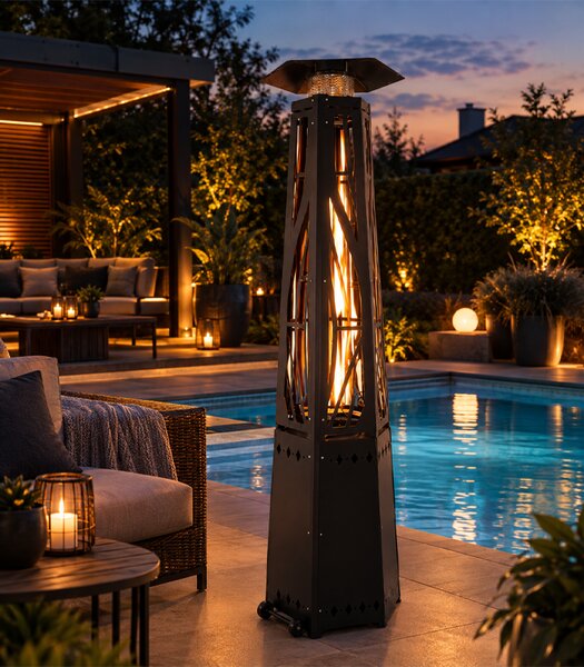 Elegantni plinski grijač za terasu od 13 kW s efektom plamena – 210 cm, crni