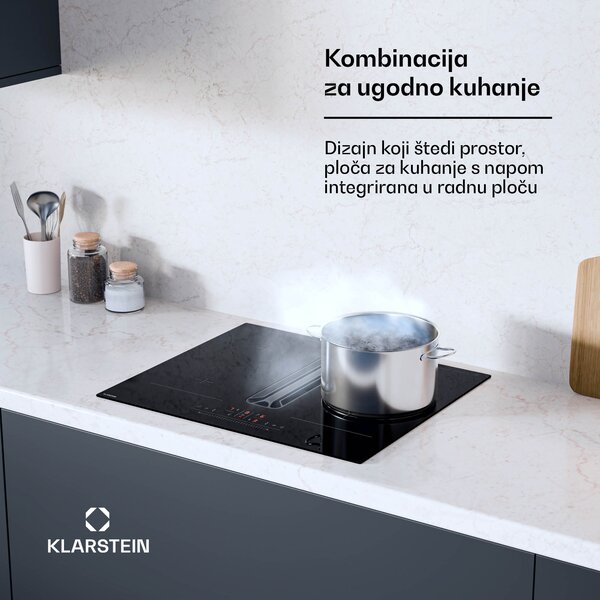 Klarstein AirJet Hybrid Down Air System, Indukcijska ploča za kuhanje s integriranom napom, 477 m³/h, EEZ A+