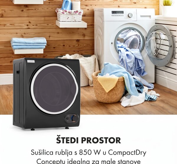 Klarstein Jet Set 2500, sušilica rublja, sušilica s odvodom vlažnog zraka, 850 W, TEE C, 2,5 kg, 50 cm, crna