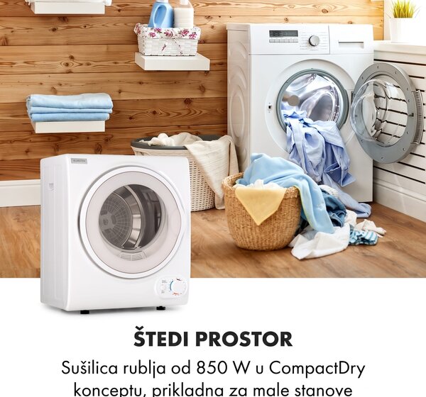 Klarstein Jet Set 2500, sušilica za rublje, sušilica s odvodom vlažnog zraka, 850W, TEE C, 2,5 kg, 50 cm, bijela