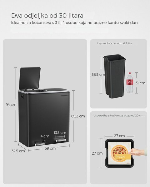 Kanta za odvajanje otpada SORT, 2x30 l + vreće za otpad, crna/srebrna SongmicsHome