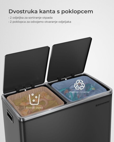 Kanta za odvajanje otpada SORT, 2x30 l + vreće za otpad, crna/srebrna SongmicsHome
