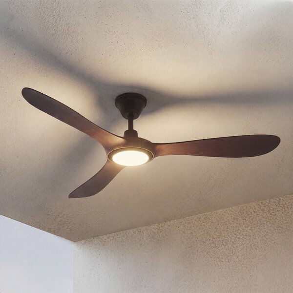 Lucande Winrod LED vanjski stropni ventilator, tamno drvo, prigušiv, prigušiva, Drvo, Plastika