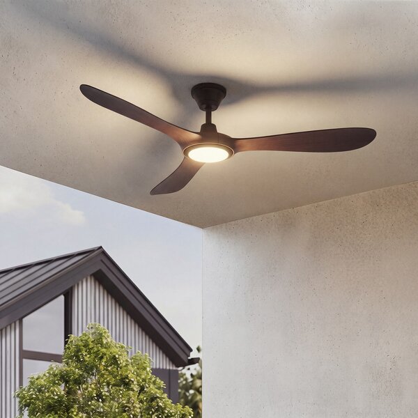 Lucande Winrod LED vanjski stropni ventilator, tamno drvo, prigušiv, prigušiva, Drvo, Plastika