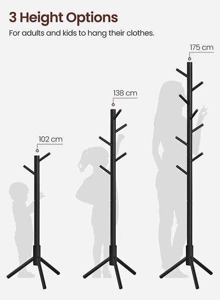 Samostojeća vješalica za kapute, odjeću, od punog drveta, visoka 175cm, crna | VASAGLE