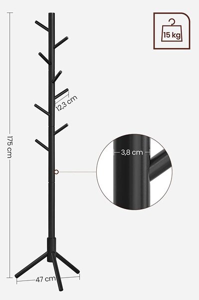 Samostojeća vješalica za kapute, odjeću, od punog drveta, visoka 175cm, crna | VASAGLE
