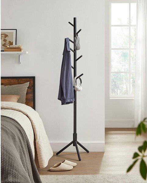 Samostojeća vješalica za kapute, odjeću, od punog drveta, visoka 175cm, crna | VASAGLE