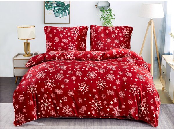 Set posteljine od mikropliša SNOWFALL crveno + plahta od mikroplyša SOFT 180x200 cm bijela, bračni krevet