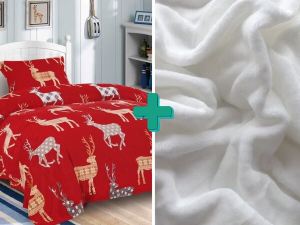 2x posteljina od mikropliša ZAKKI crvena + plahta od mikropliša SOFT 180x200 cm bijela