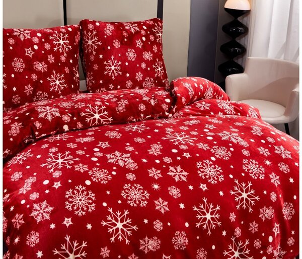 Set posteljine od mikropliša SNOWFALL crveno + plahta od mikroplyša SOFT 180x200 cm bijela, bračni krevet