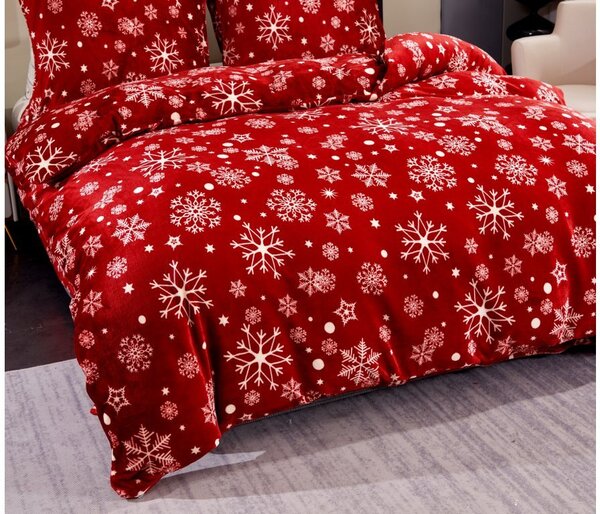 Set posteljine od mikropliša SNOWFALL crveno + plahta od mikroplyša SOFT 180x200 cm bijela, bračni krevet