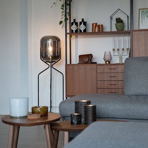 Dizajnerska podna lampa crna s dimnim staklom - Bliss