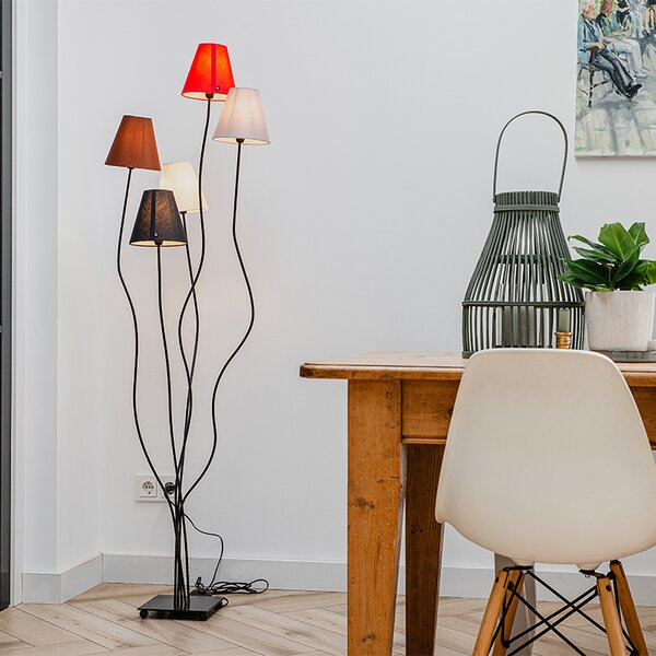 Dizajnerska podna lampa crna s tkaninskim sjenilima 5-svjetla - Melis