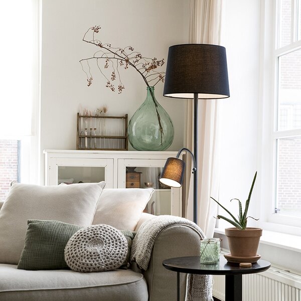 Klasična podna lampa crna s crnim sjenilom i lampom za čitanje - Retro