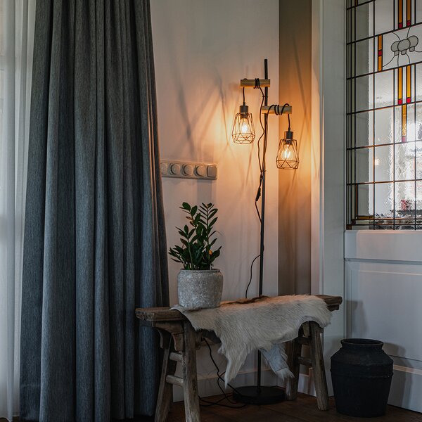 Rustikalna podna lampa crna s drvom 2-svjetla s nijansom - Dami Frame