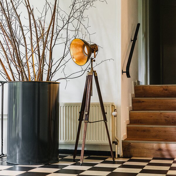 Industrijska podna lampa s tronošcem brončana s drvom - Mangoes