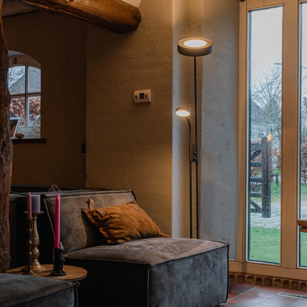 Podna lampa crna s uključenom LED i prigušivačem, s lampom za čitanje - Kelso