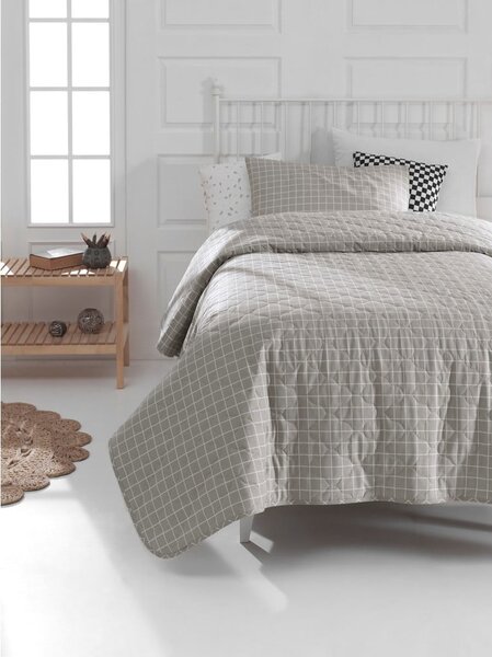 Sivi prekrivač s jastučnicom od ranforce pamuka EnLora Home Monte, 180 x 225 cm