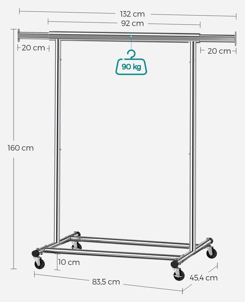 Stalak za odjeću na kotačićima INEZ, max. 90 kg, 83,5x45x160 cm, srebrni Jurhan