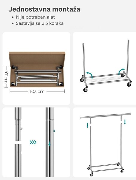 Stalak za odjeću na kotačićima INEZ, max. 90 kg, 83,5x45x160 cm, srebrni Jurhan
